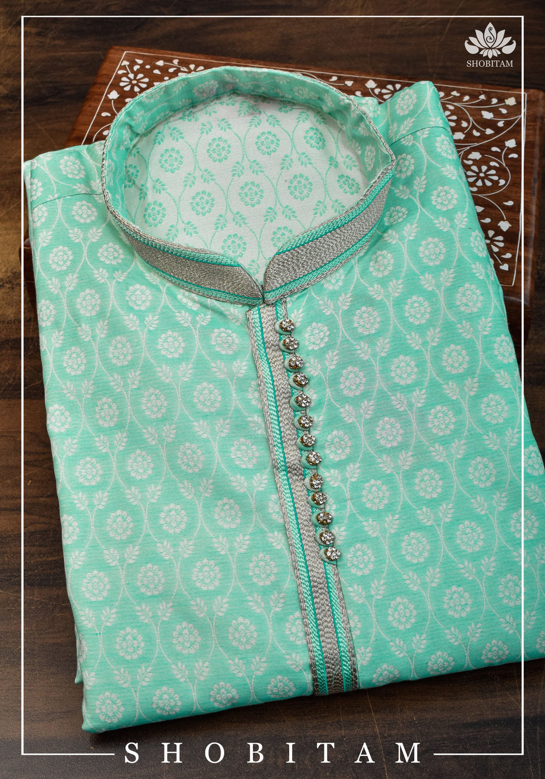 Mint Green Jaal Self Weave Kurta Pajama Set, Multiple Sizes | Ethnic Menswear by Shobitam