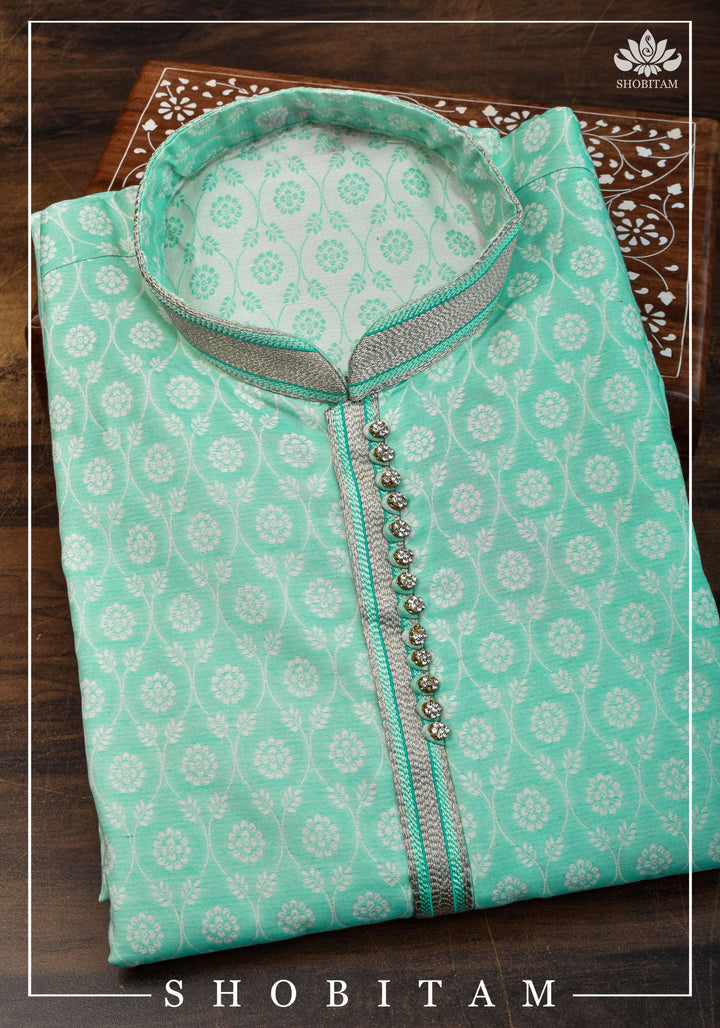 Mint Green Jaal Self Weave Kurta Pajama Set, Multiple Sizes | Ethnic Menswear by Shobitam