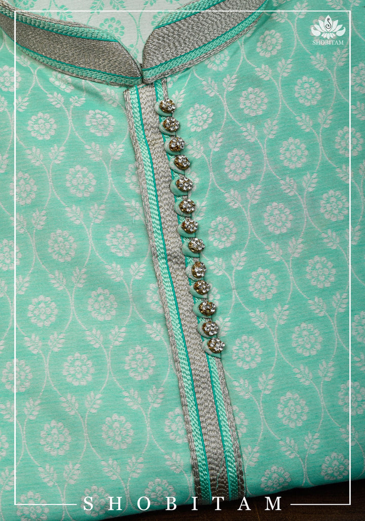 Mint Green Jaal Self Weave Kurta Pajama Set, Multiple Sizes | Ethnic Menswear by Shobitam