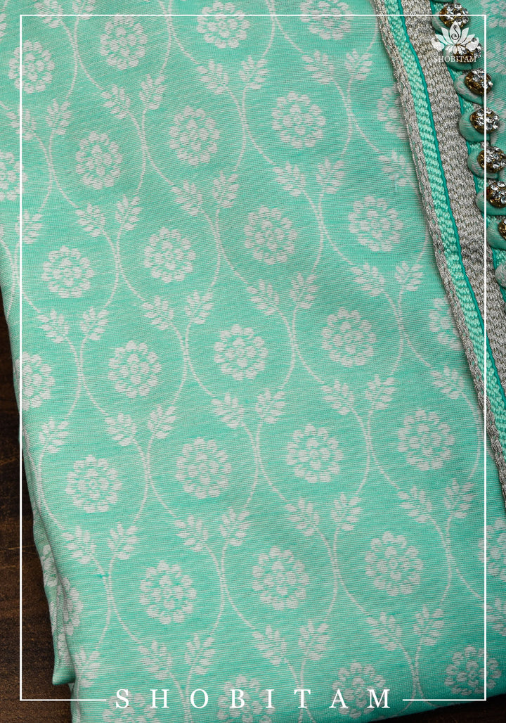 Mint Green Jaal Self Weave Kurta Pajama Set, Multiple Sizes | Ethnic Menswear by Shobitam