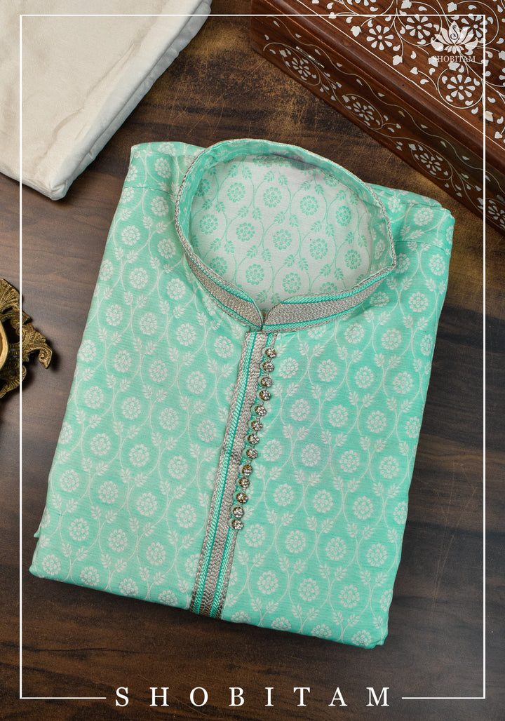 Mint Green Jaal Self Weave Kurta Pajama Set, Multiple Sizes | Ethnic Menswear by Shobitam