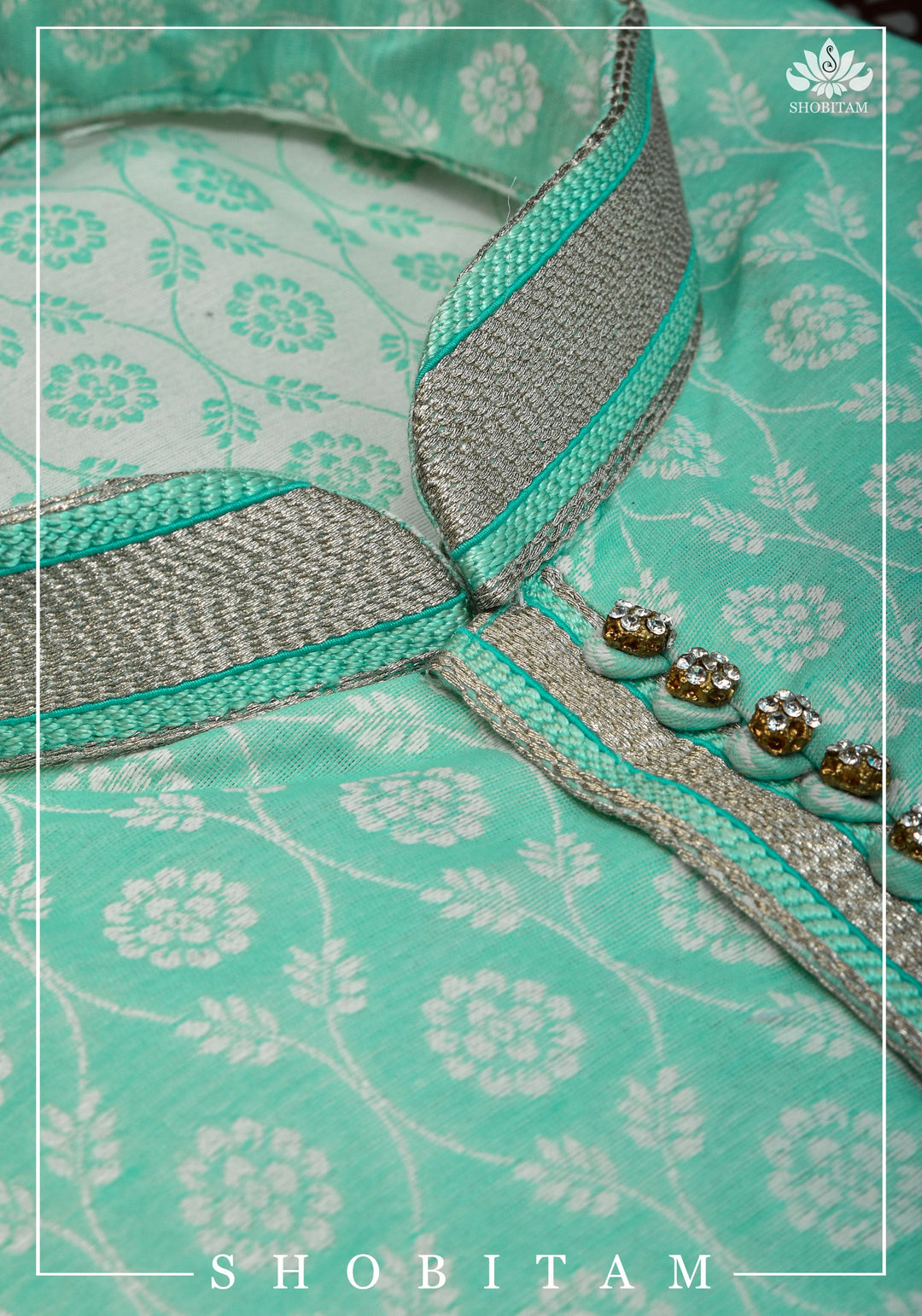 Mint Green Jaal Self Weave Kurta Pajama Set, Multiple Sizes | Ethnic Menswear by Shobitam
