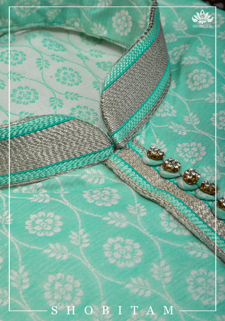 Mint Green Jaal Self Weave Kurta Pajama Set, Multiple Sizes | Ethnic Menswear by Shobitam