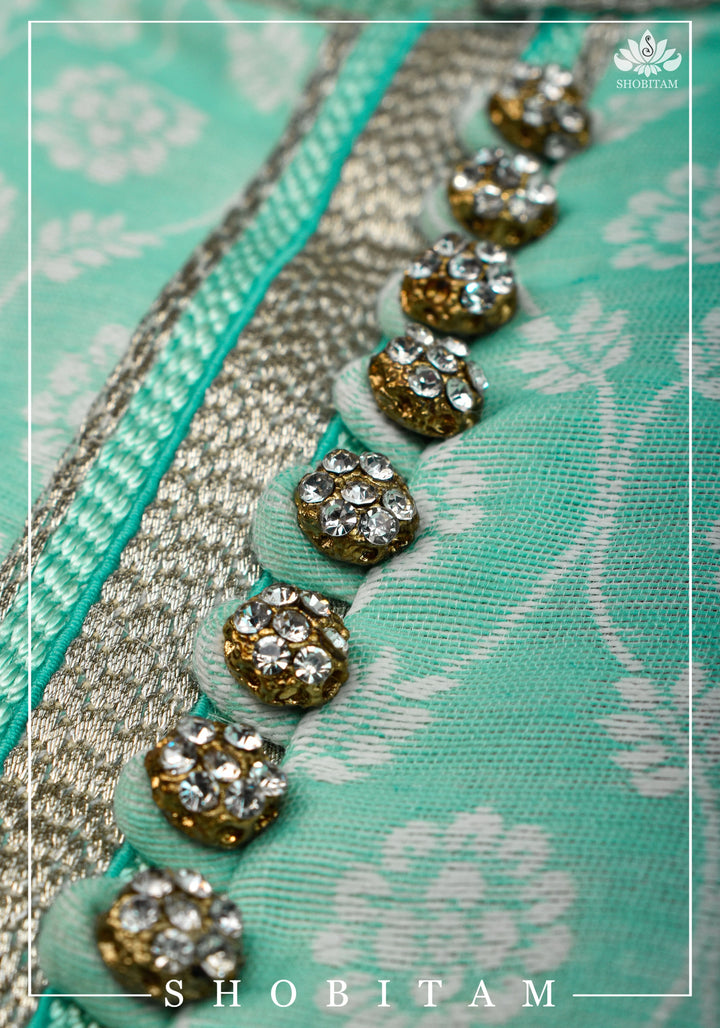 Mint Green Jaal Self Weave Kurta Pajama Set, Multiple Sizes | Ethnic Menswear by Shobitam