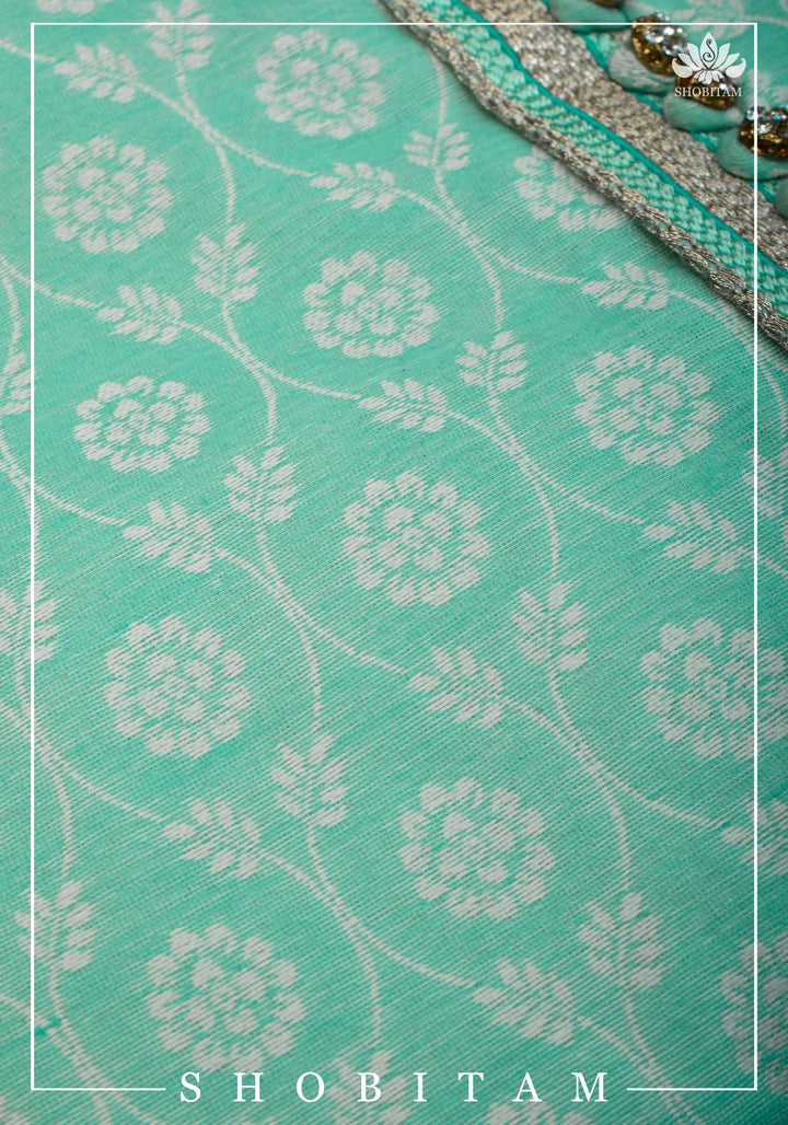 Mint Green Jaal Self Weave Kurta Pajama Set, Multiple Sizes | Ethnic Menswear by Shobitam