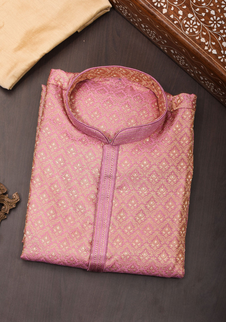 Pink Self Weave Kurta Pajama Set for Men,  Multiple Size | Ethnic Menswear by Shobitam