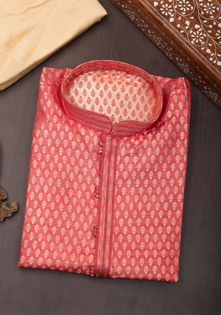Peach Pink Self Weave Kurta pajama Set for Men, Multiple Sizes | Ethnic Menswear by Shobitam