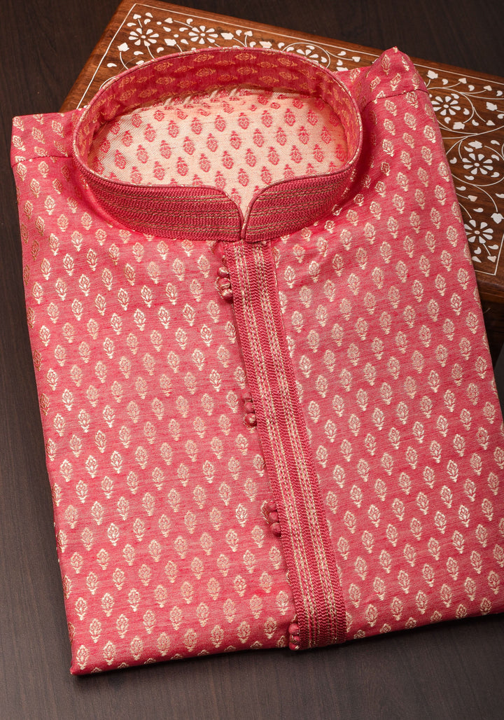 Peach Pink Self Weave Kurta pajama Set for Men, Multiple Sizes | Ethnic Menswear by Shobitam