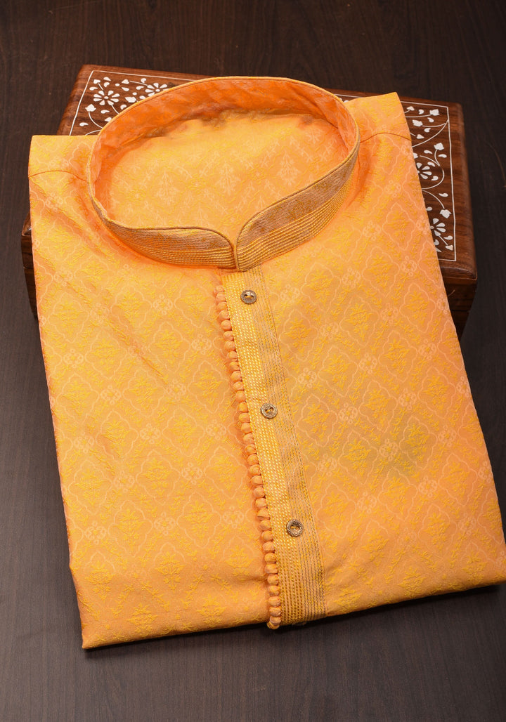 Deep Yellow Self Weave Kurta Pajama Set for Men,  Multiple Size | Ethnic Menswear by Shobitam