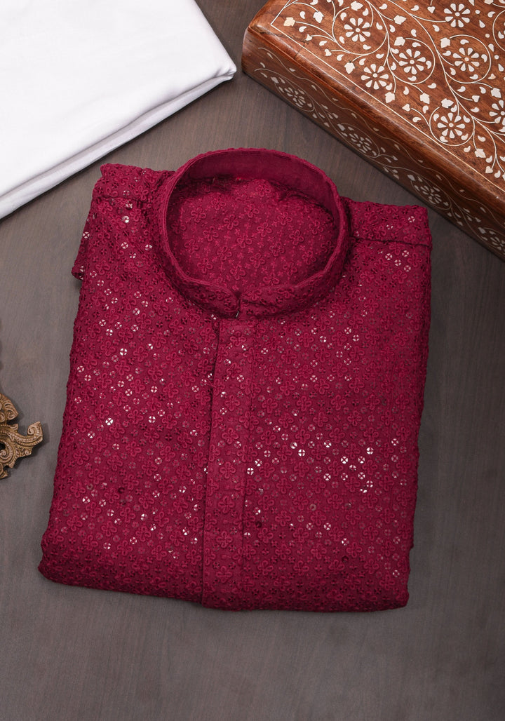 Maroon Embroidered and sequin embellished Kurta Pajama Set for Men, Multiple Size | Ethnic Menswear by Shobitam
