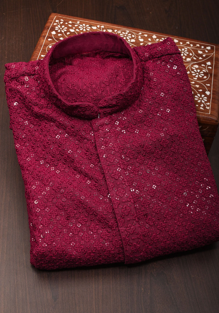 Maroon Embroidered and sequin embellished Kurta Pajama Set for Men, Multiple Size | Ethnic Menswear by Shobitam