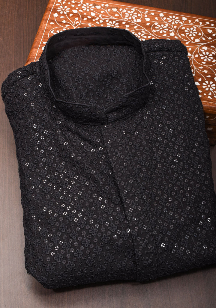 Black  Embroidered and sequin embellished Kurta Pajama Set for Men, Multiple Size | Ethnic Menswear by Shobitam