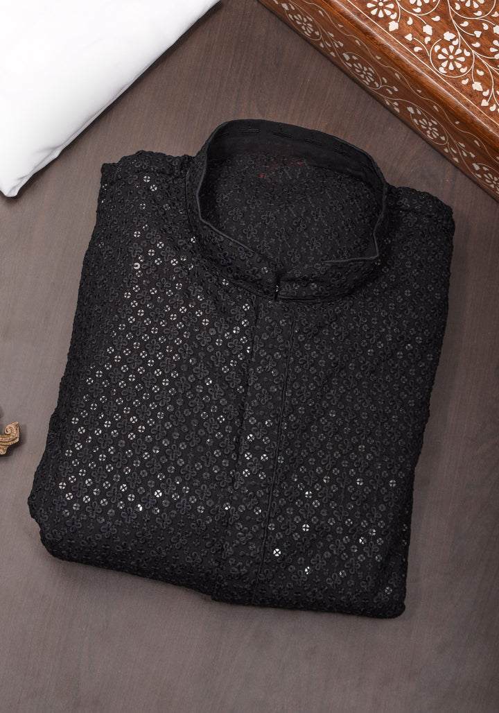Black  Embroidered and sequin embellished Kurta Pajama Set for Men, Multiple Size | Ethnic Menswear by Shobitam