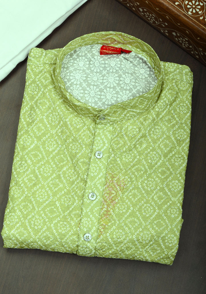 Bandhini Kurta Pajama Set in Pista Green for Men | Ethnic Menswear by Shobitam