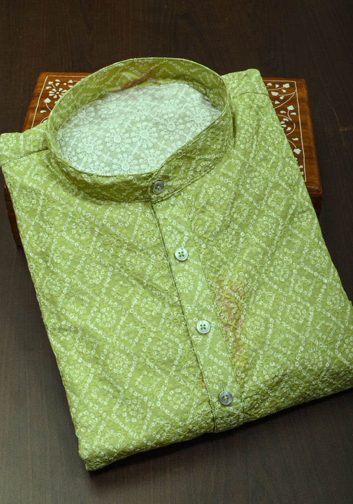 Bandhini Kurta Pajama Set in Pista Green for Men | Ethnic Menswear by Shobitam