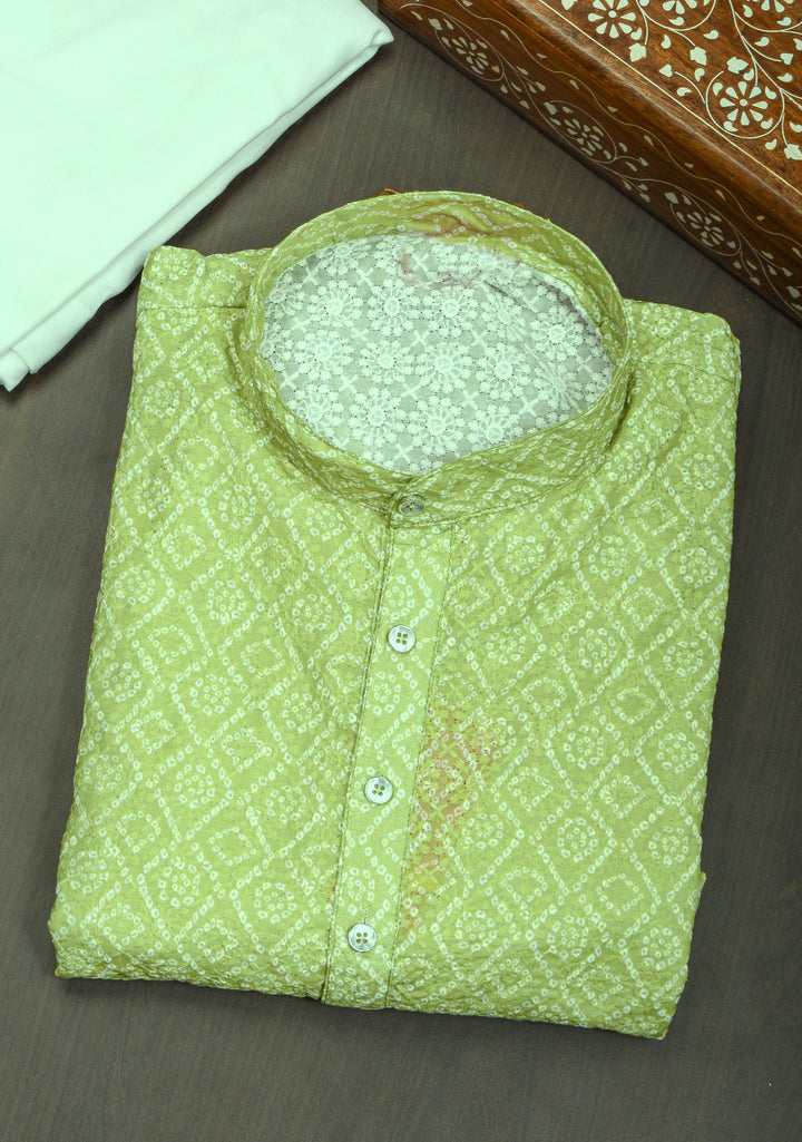 Bandhini Kurta Pajama Set in Pista Green for Men | Ethnic Menswear by Shobitam
