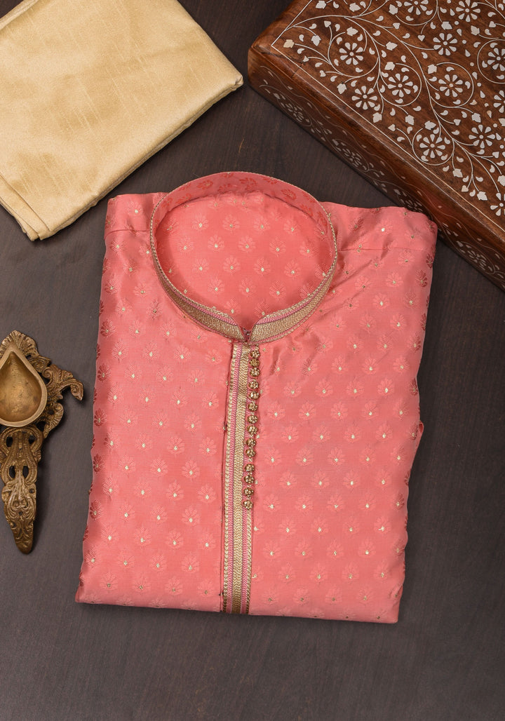 Pink Brocade Banarasi Long Kurta Set for Men, Multiple Sizes | Ethnic Menswear by Shobitam