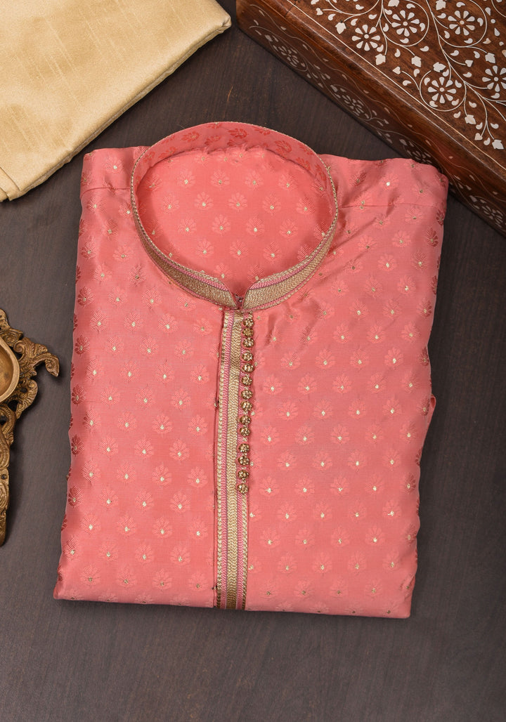 Pink Brocade Banarasi Long Kurta Set for Men, Multiple Sizes | Ethnic Menswear by Shobitam
