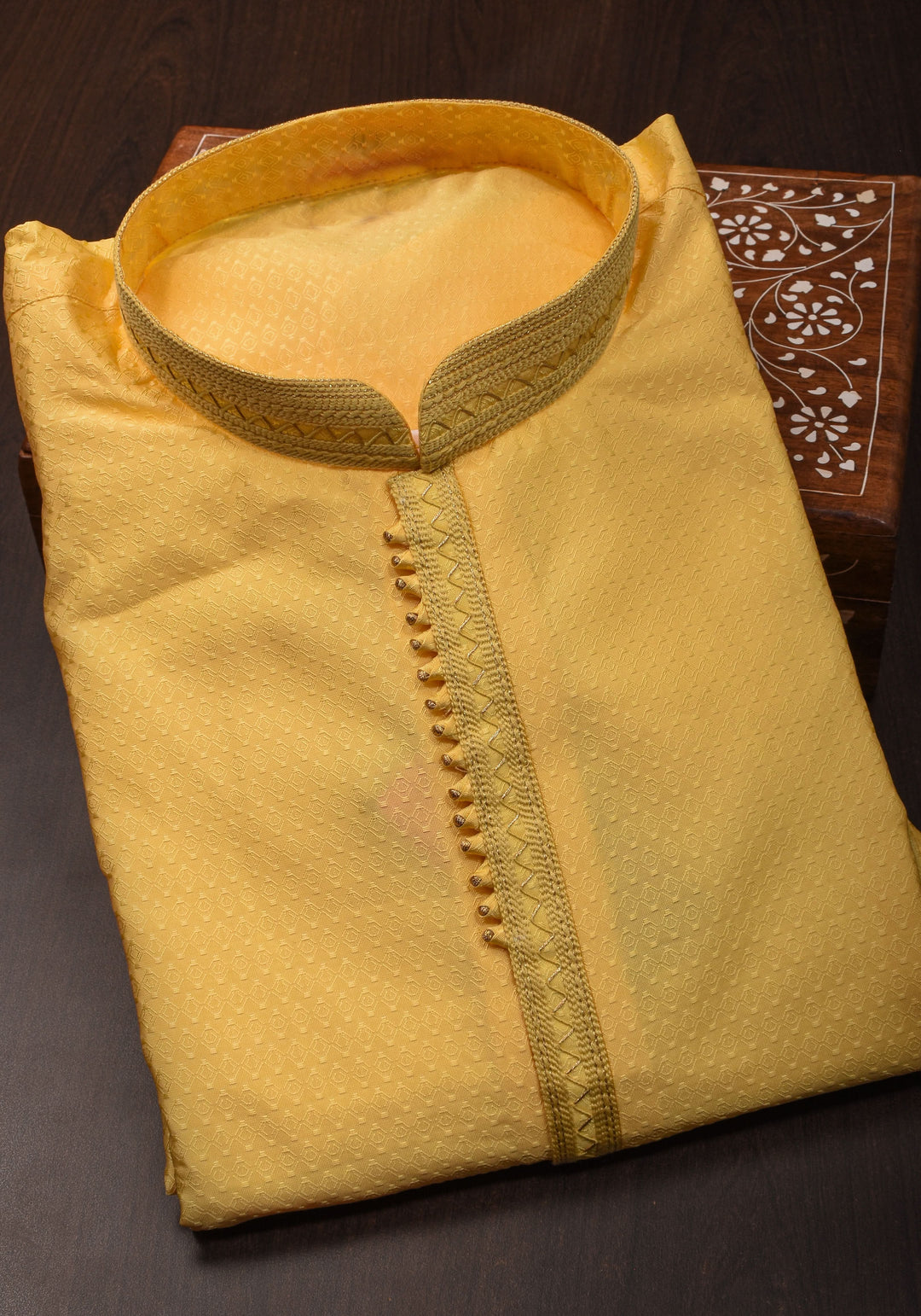 Yellow Self Weave Kurta Pajama Set for Men, Multiple Sizes | Ethnic Menswear by Shobitam