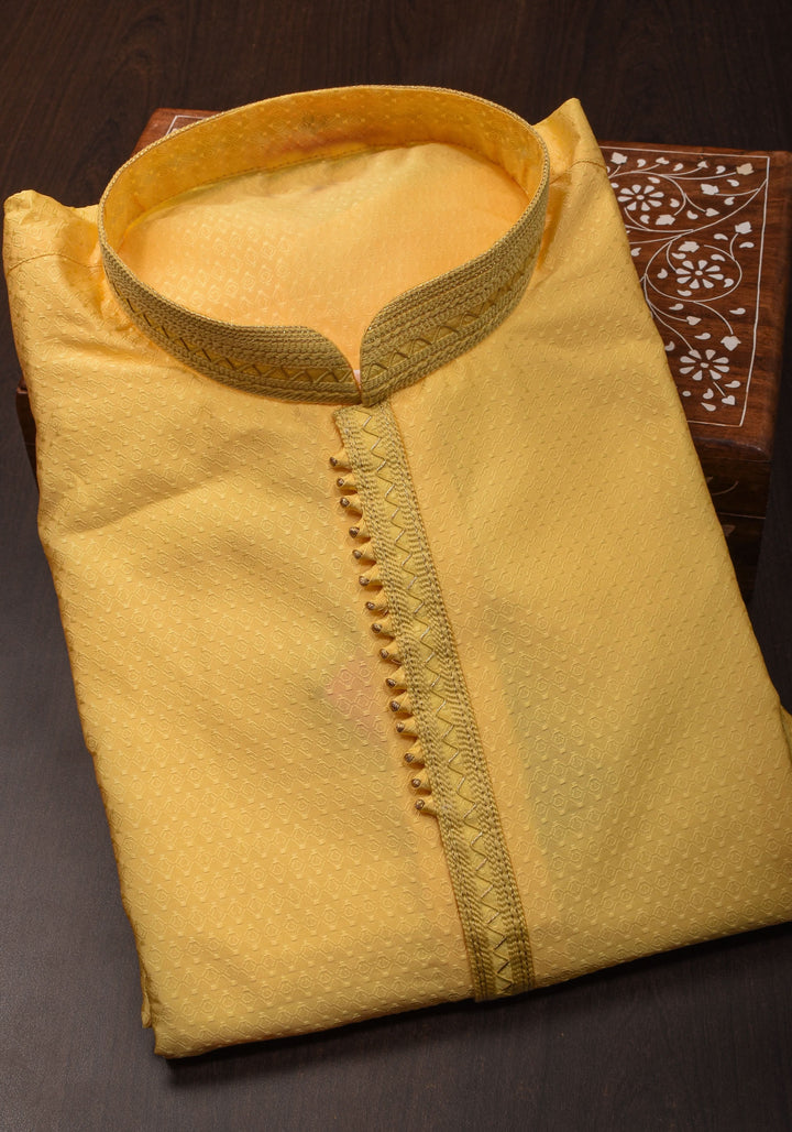 Yellow Self Weave Kurta Pajama Set for Men, Multiple Sizes | Ethnic Menswear by Shobitam