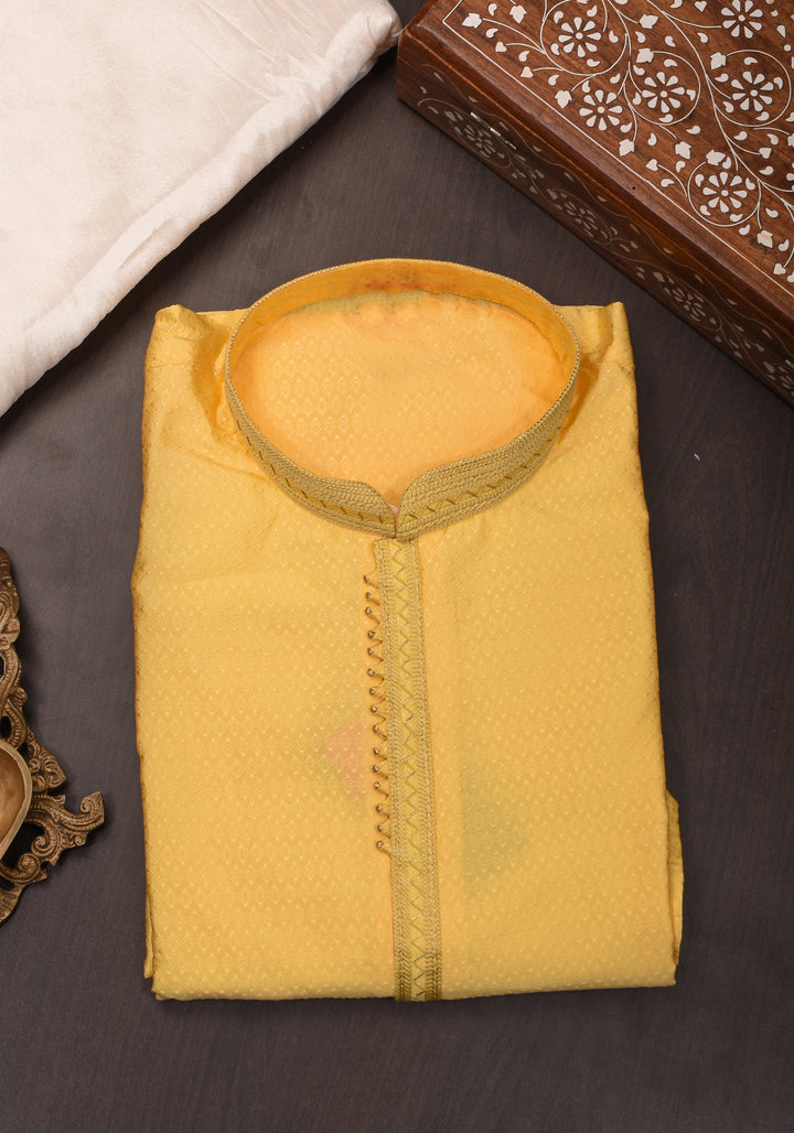 Yellow Self Weave Kurta Pajama Set for Men, Multiple Sizes | Ethnic Menswear by Shobitam