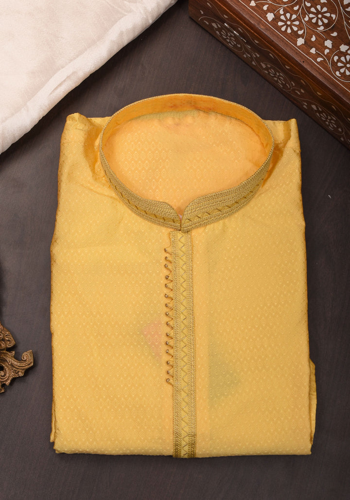 Yellow Self Weave Kurta Pajama Set for Men, Multiple Sizes | Ethnic Menswear by Shobitam