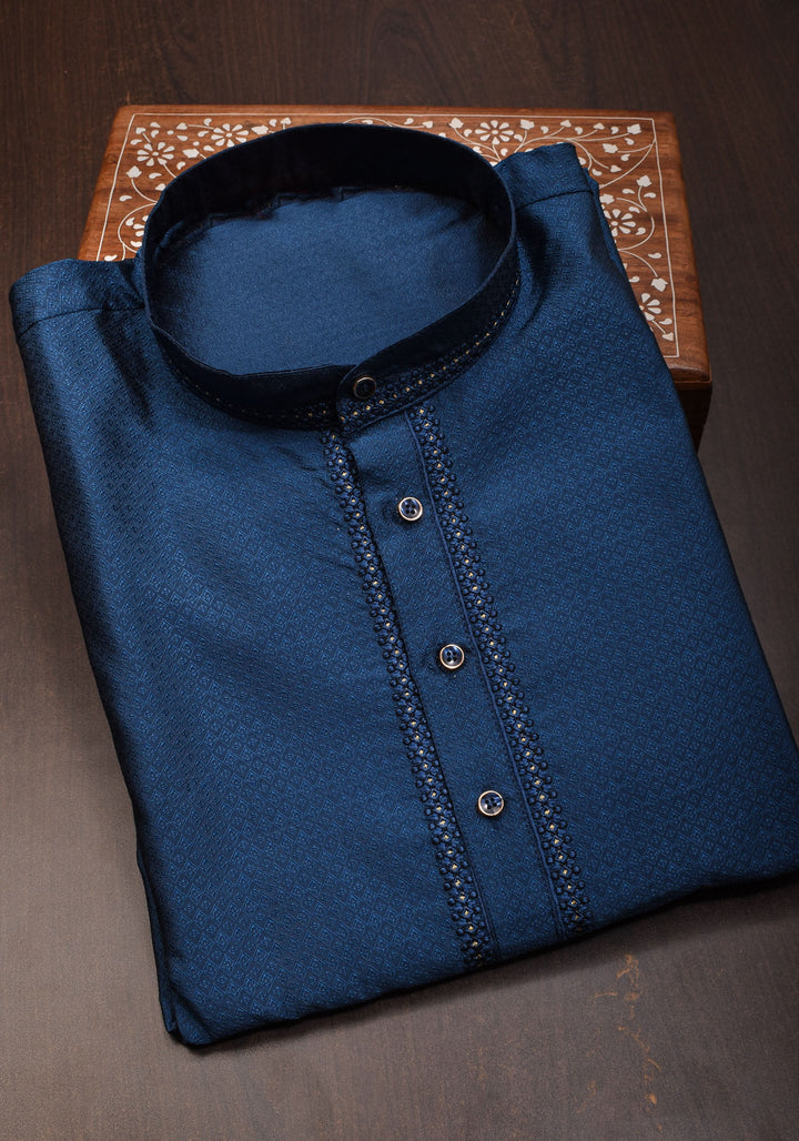 Prussian blue Self Weave Kurta pajama Set for Men, Multiple Sizes | Ethnic Menswear by Shobitam