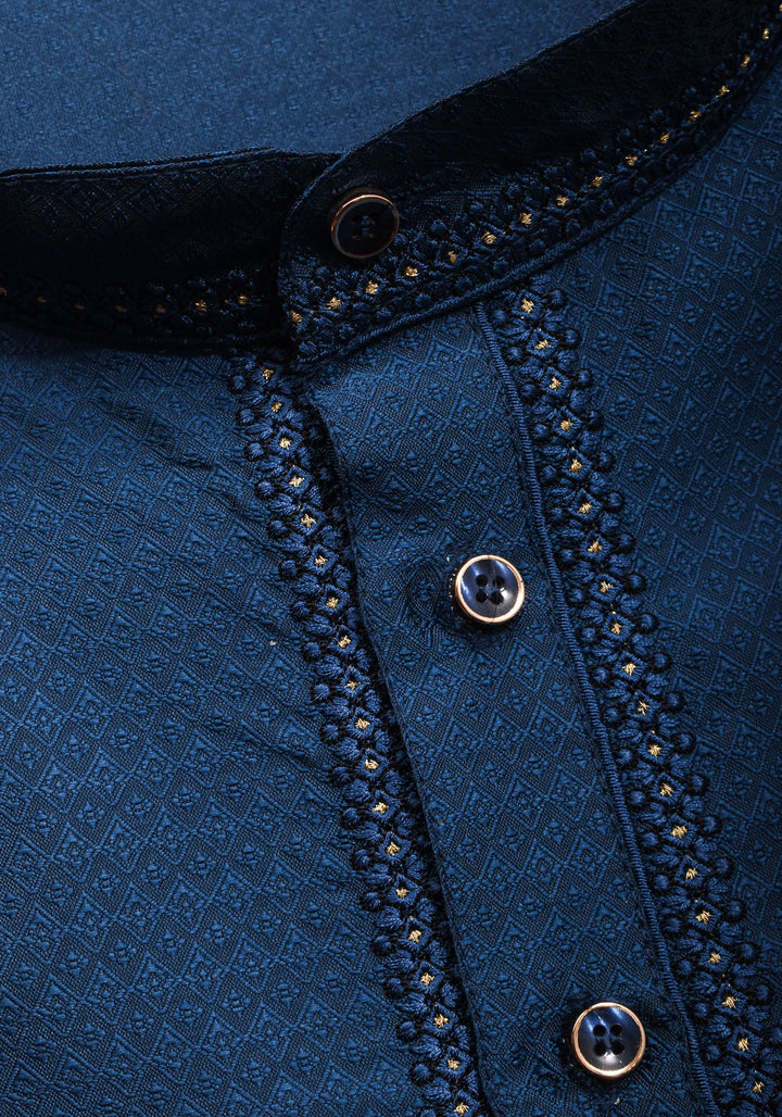 Prussian blue Self Weave Kurta pajama Set for Men, Multiple Sizes | Ethnic Menswear by Shobitam