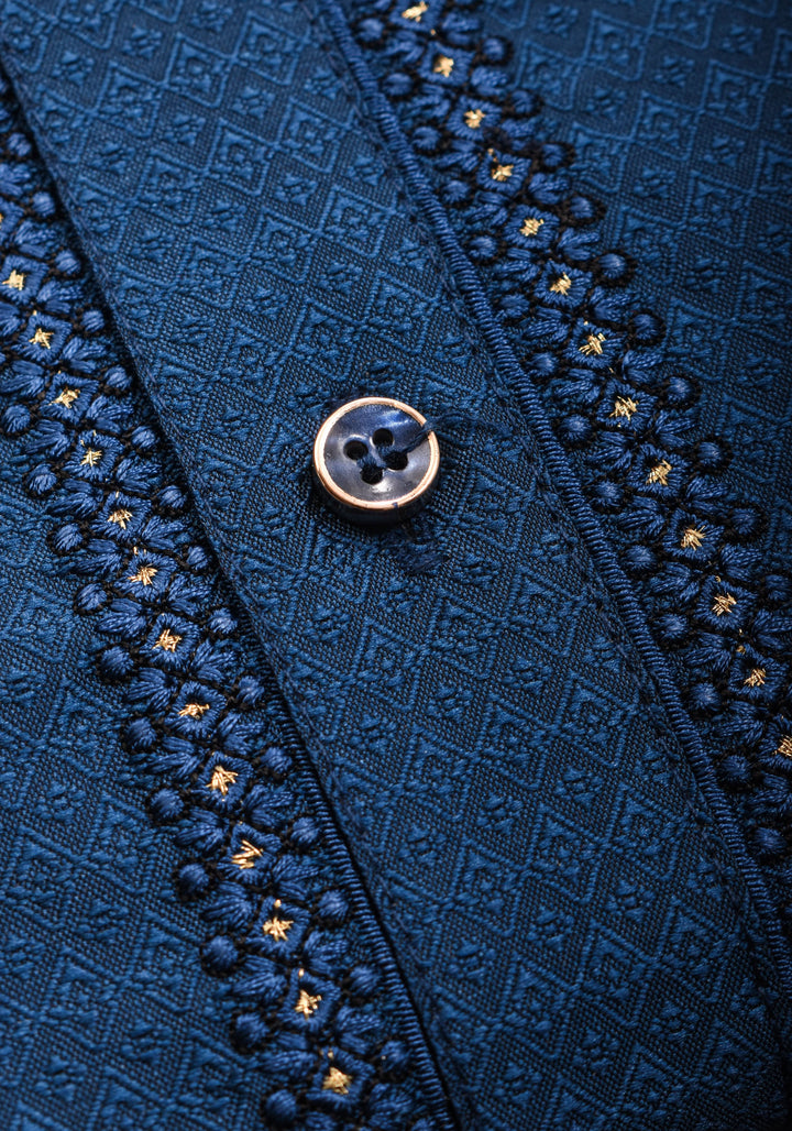 Prussian blue Self Weave Kurta pajama Set for Men, Multiple Sizes | Ethnic Menswear by Shobitam