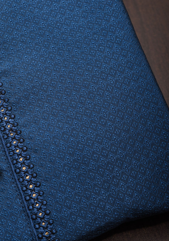 Prussian blue Self Weave Kurta pajama Set for Men, Multiple Sizes | Ethnic Menswear by Shobitam