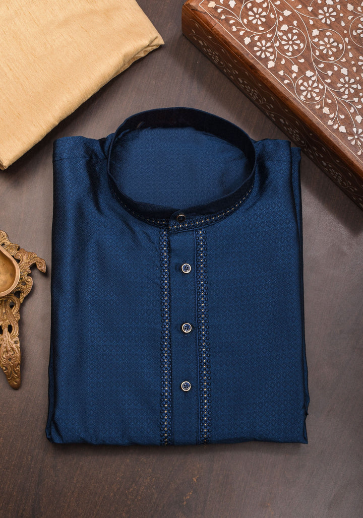 Prussian blue Self Weave Kurta pajama Set for Men, Multiple Sizes | Ethnic Menswear by Shobitam