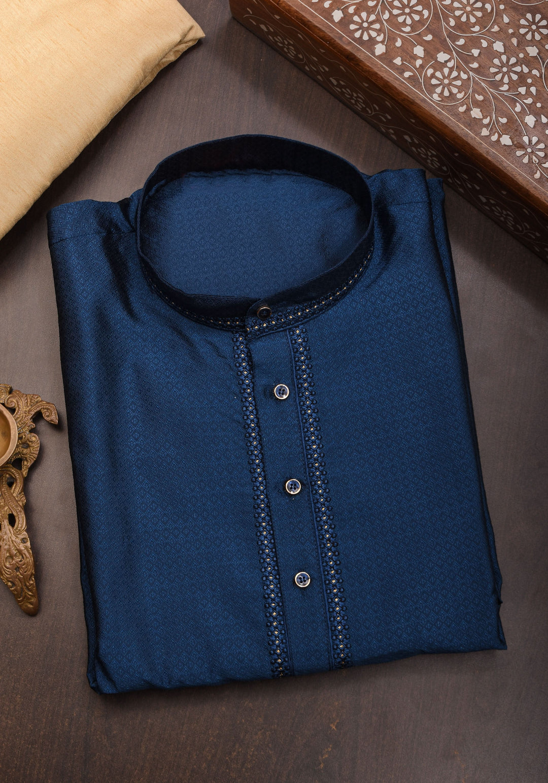 Prussian blue Self Weave Kurta pajama Set for Men, Multiple Sizes | Ethnic Menswear by Shobitam