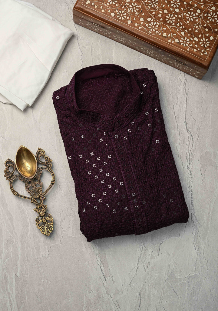 Plum Chikankari Kurta with Sequins and Pajama Set for Men | Made to Order