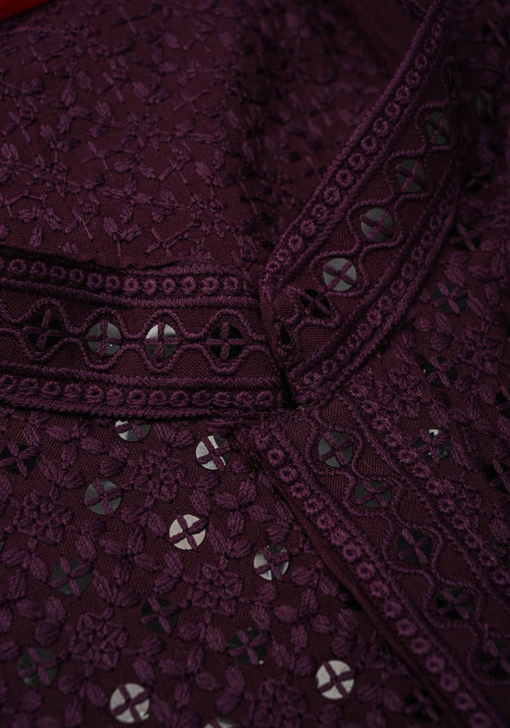 Plum Chikankari Kurta with Sequins and Pajama Set for Men | Made to Order