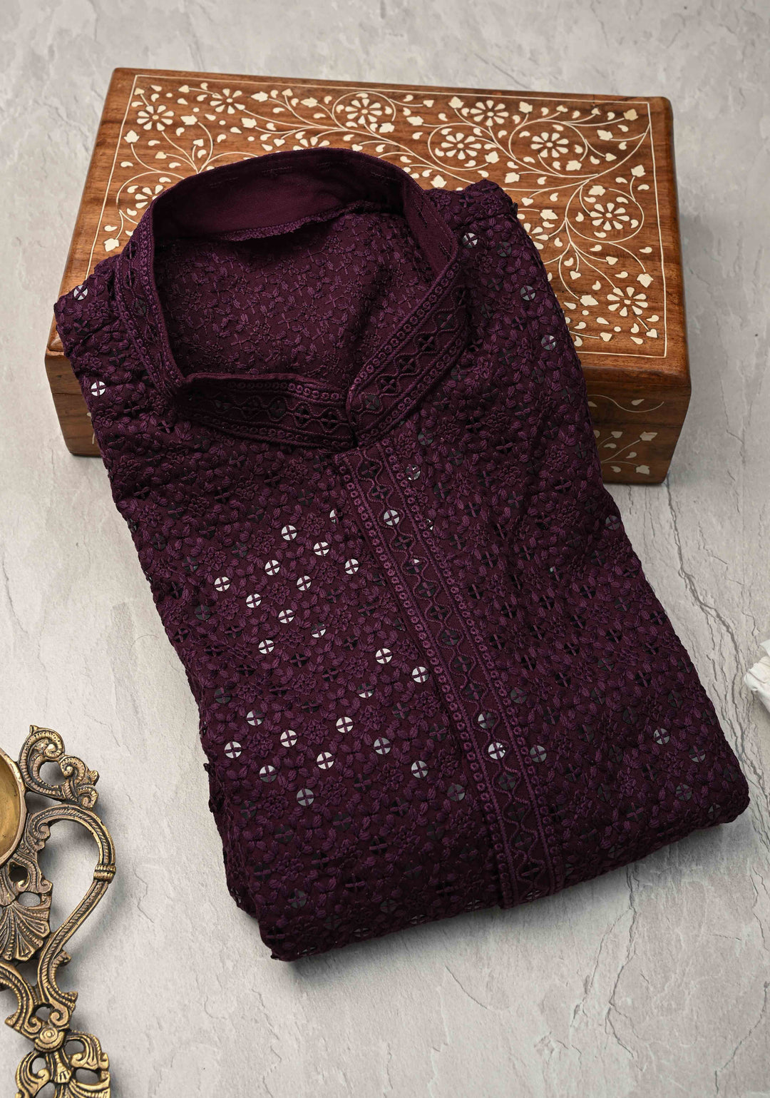 Plum Chikankari Kurta with Sequins and Pajama Set for Men | Made to Order
