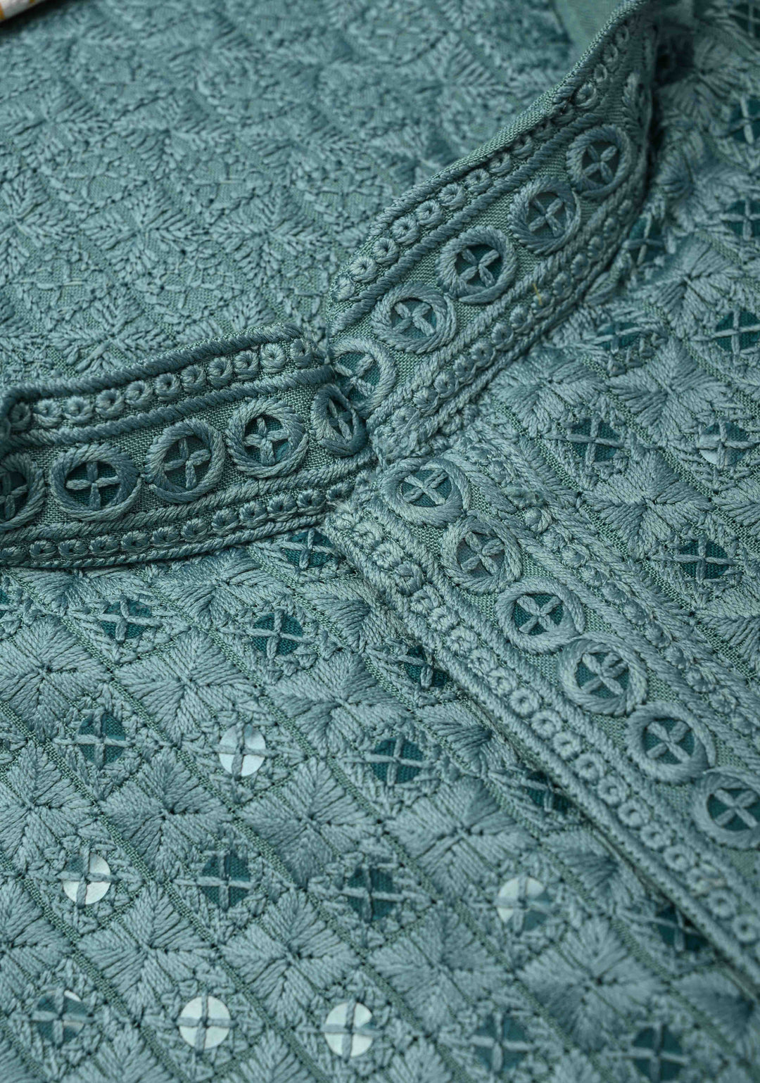 Dusty Teal Chikankari Kurta with Sequins and Pajama Set for Men | Made to Order