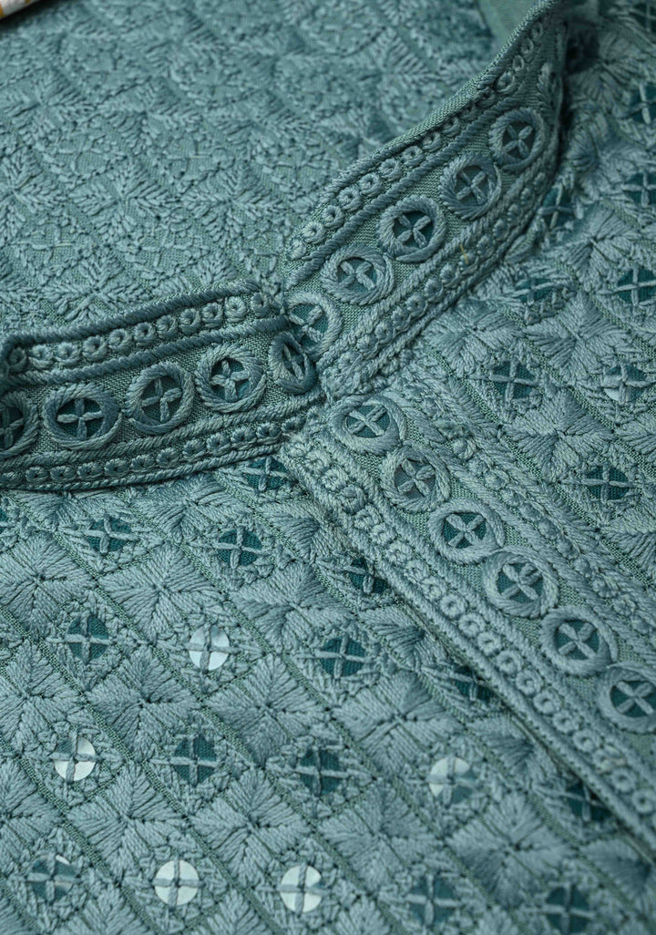 Dusty Teal Chikankari Kurta with Sequins and Pajama Set for Men | Made to Order