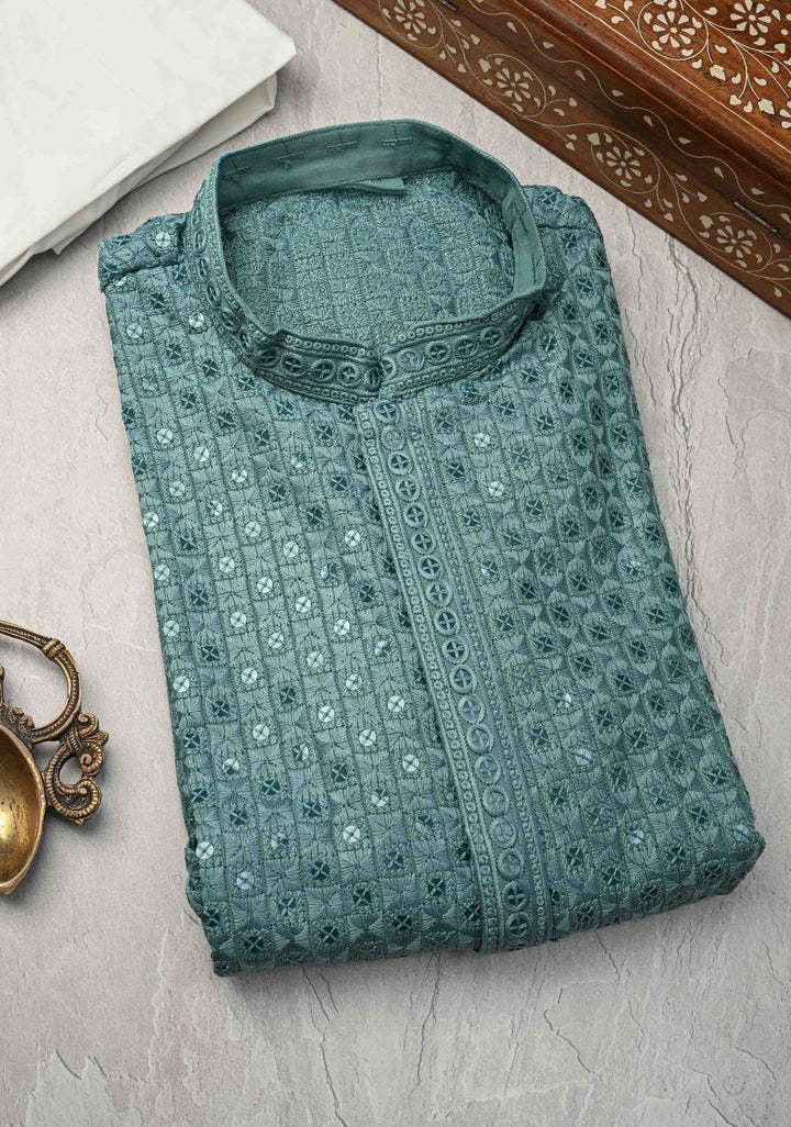 Dusty Teal Chikankari Kurta with Sequins and Pajama Set for Men | Made to Order