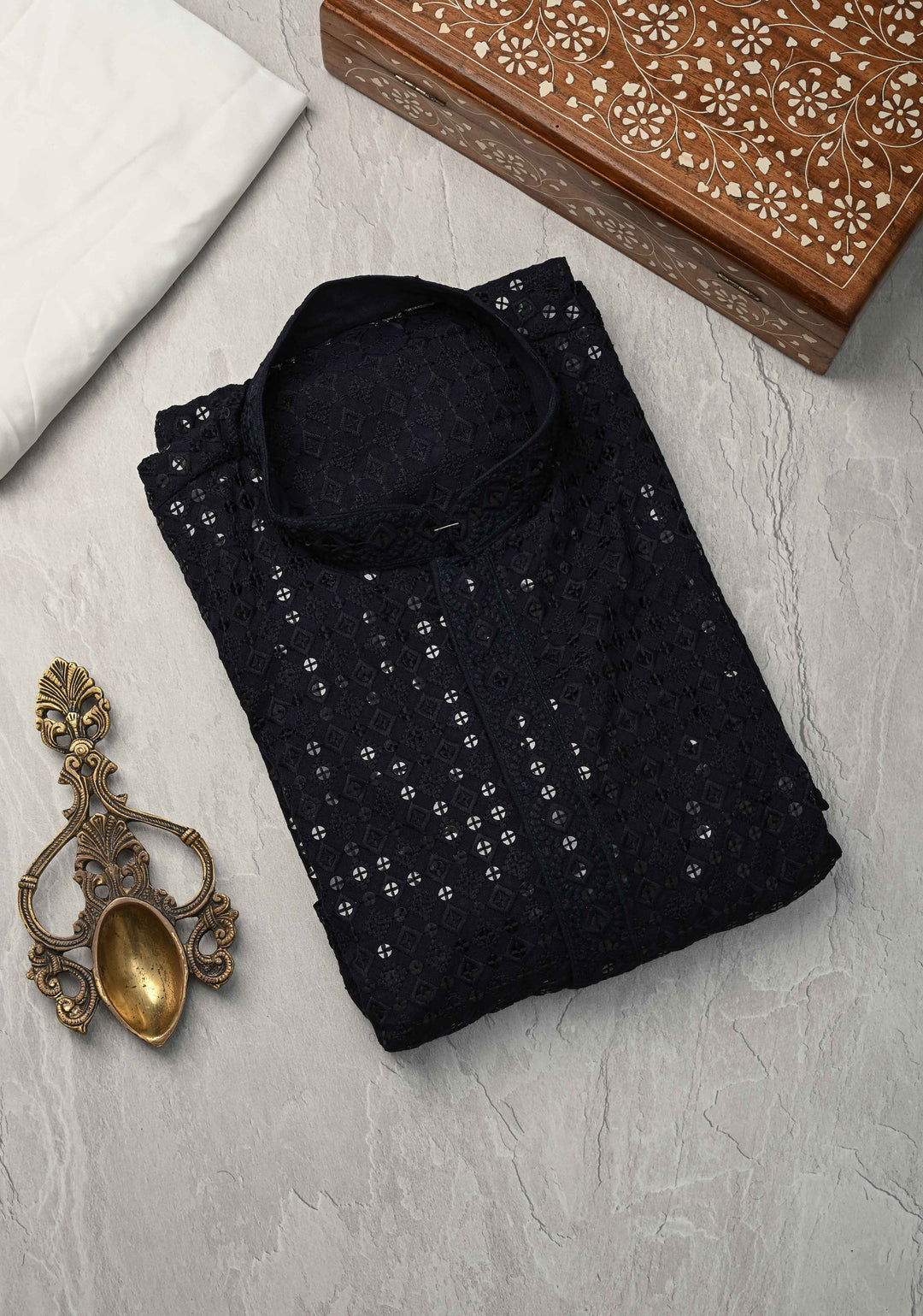 Midnight Blue Kurta with Self Weave Brocade and Sequins Pajama Set for Men | Made to Order