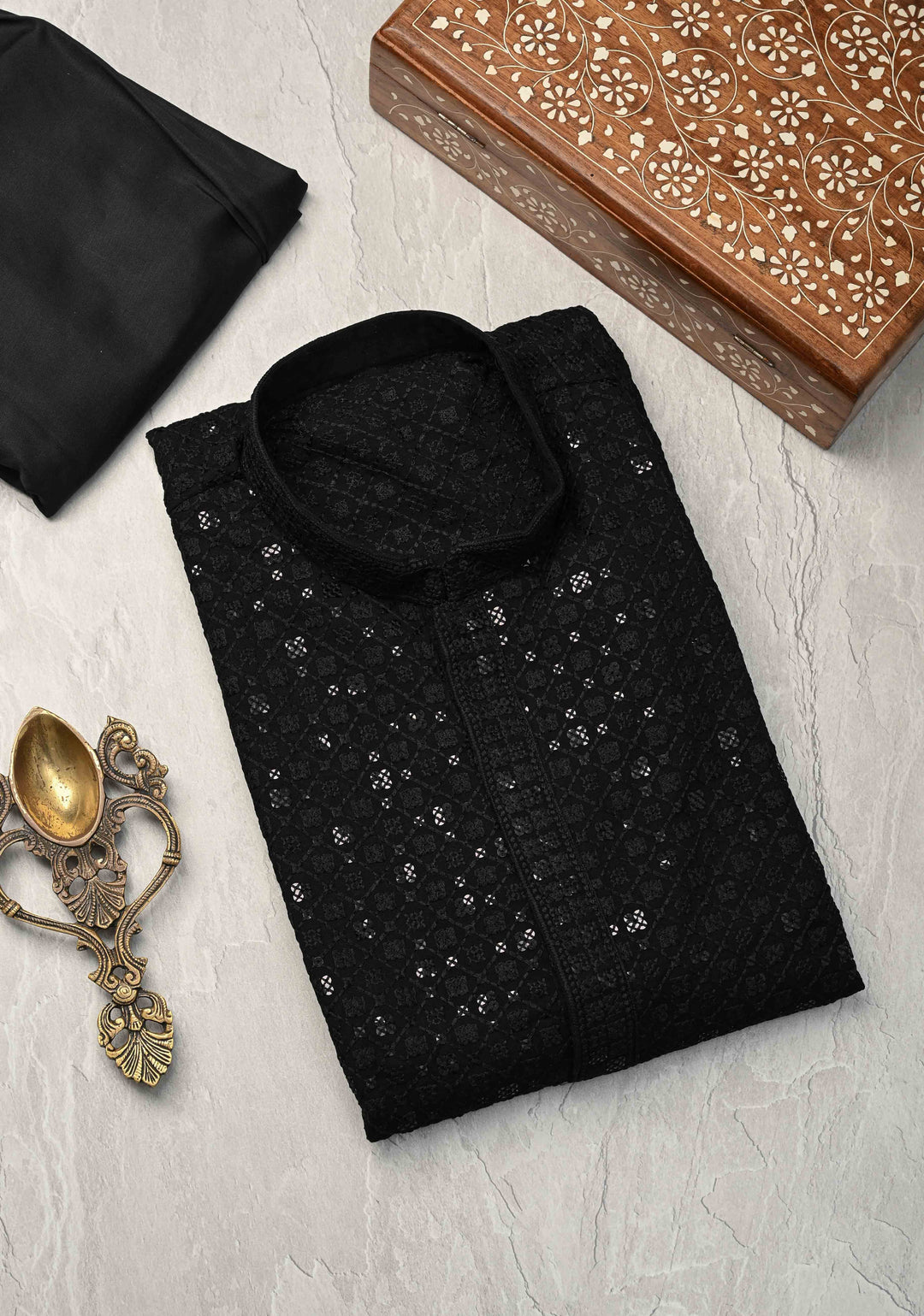 Black Chikankari Kurta with Sequins and Pajama Set for Men | Made to Order