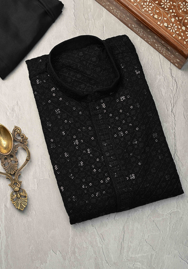 Black Chikankari Kurta with Sequins and Pajama Set for Men | Made to Order