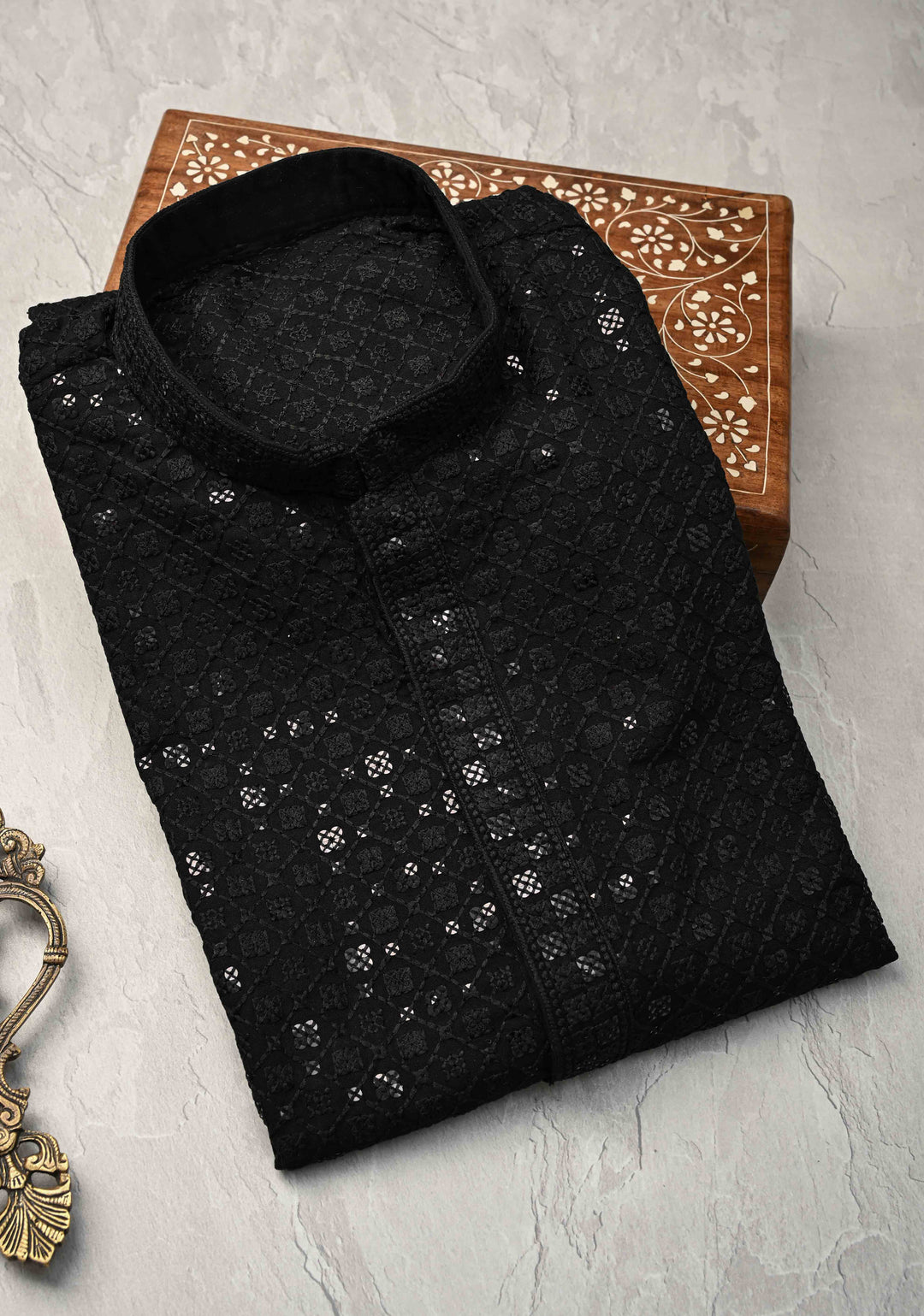 Black Chikankari Kurta with Sequins and Pajama Set for Men | Made to Order