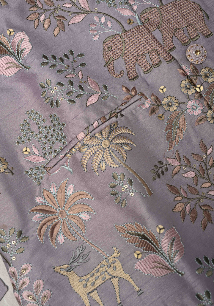 Dusty Lavender Kurta with Floral and Elephant Embroidery Pajama Set for Men | Made to Order