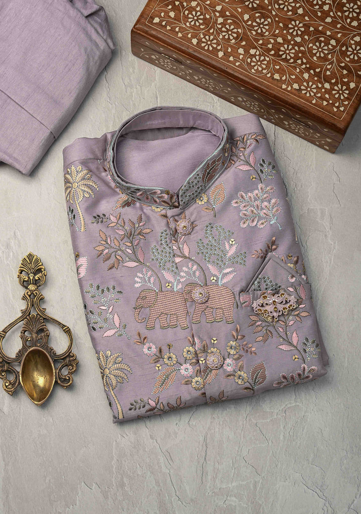 Dusty Lavender Kurta with Floral and Elephant Embroidery Pajama Set for Men | Made to Order