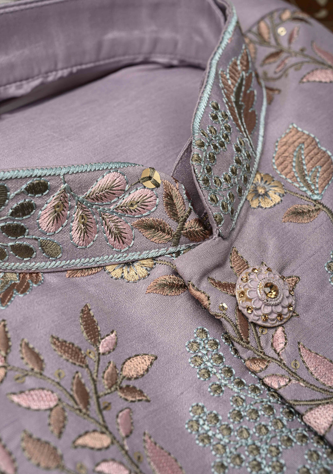 Dusty Lavender Kurta with Floral and Elephant Embroidery Pajama Set for Men | Made to Order