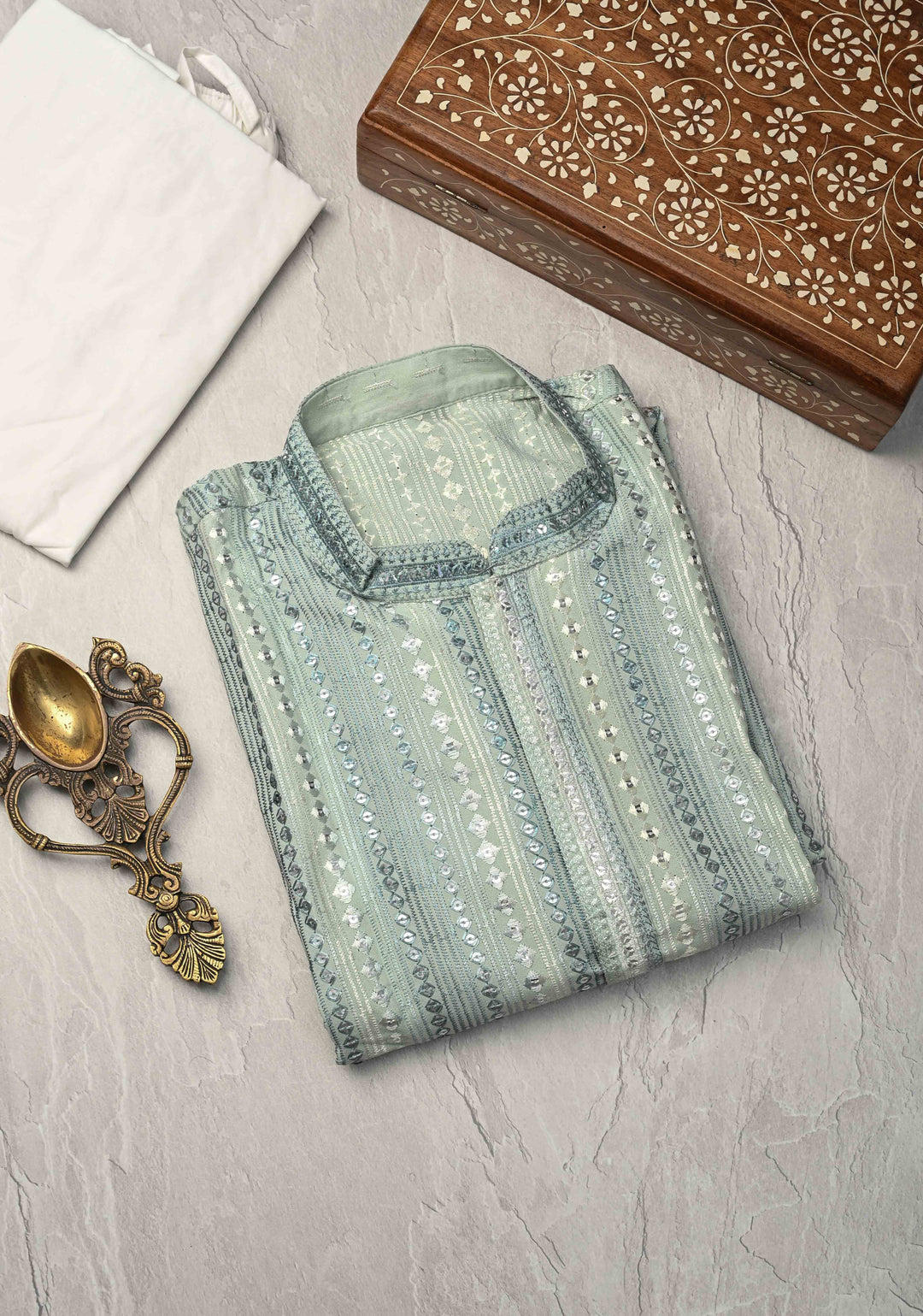 Sage Green Kurta with  Brocade and Sequins Pajama Set for Men | Made to Order