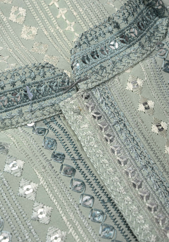 Sage Green Kurta with  Brocade and Sequins Pajama Set for Men | Made to Order