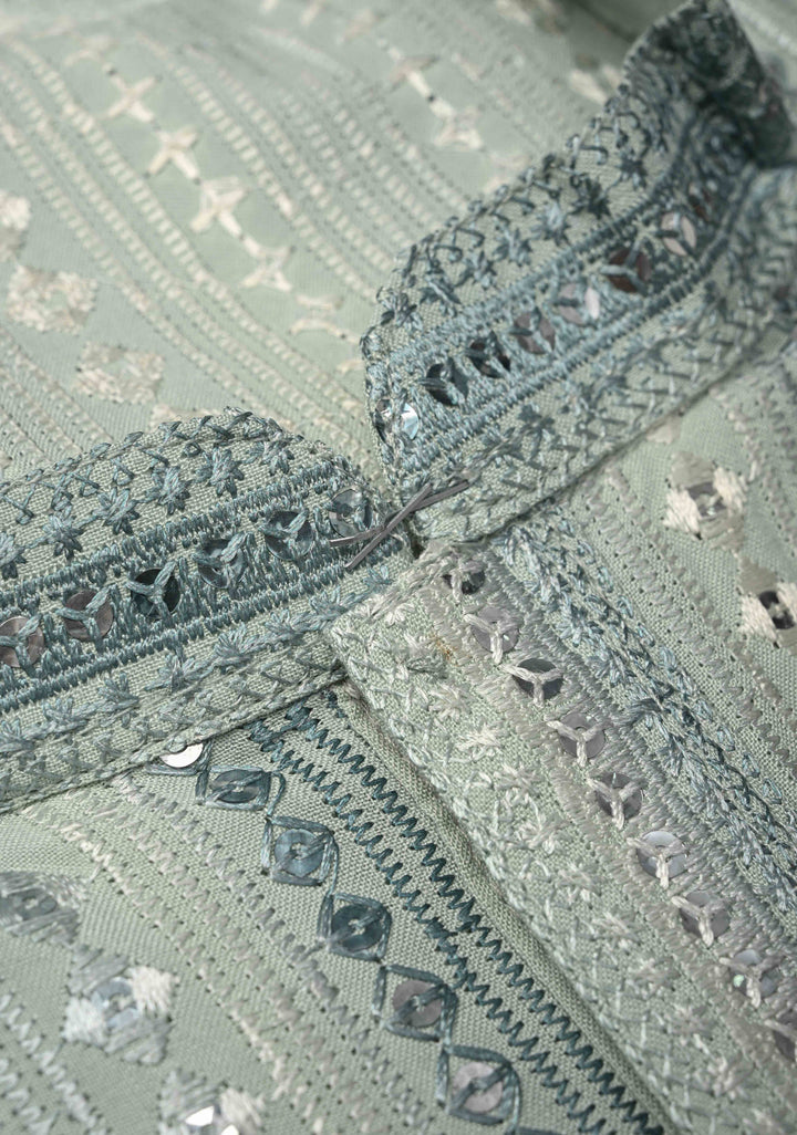 Sage Green Kurta with  Brocade and Sequins Pajama Set for Men | Made to Order