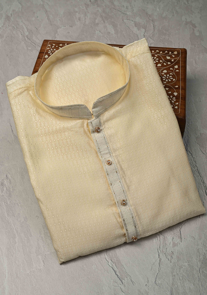 Off White Kurta with Brocade and Pajama Set for Men | Made to Order