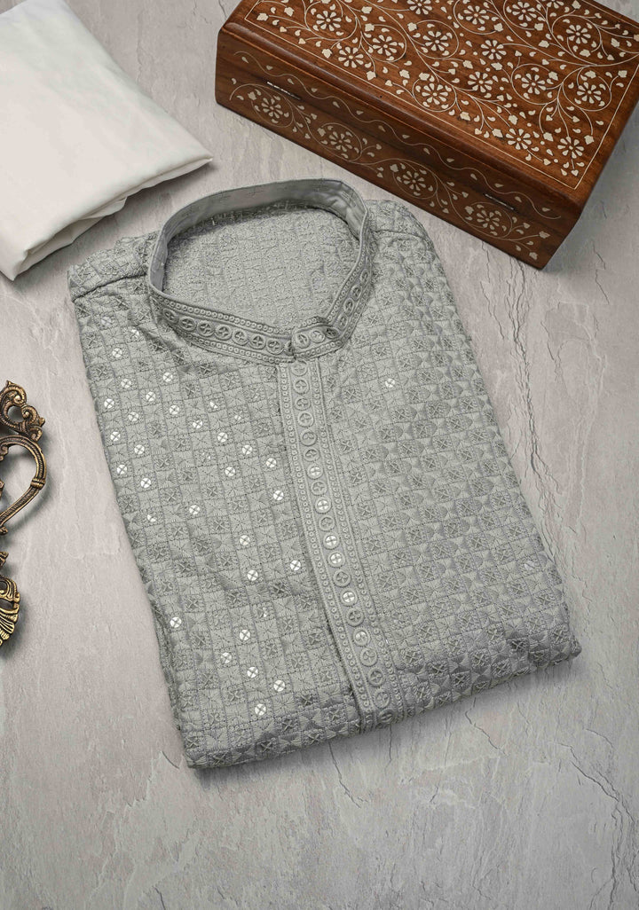 Men's Chikankari Embroidered Grey Kurta and Pajama Set  | Made to Order